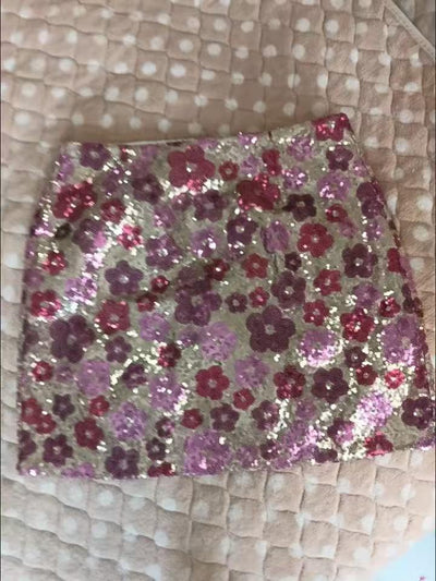 Flower Print Sequins Short Skirt