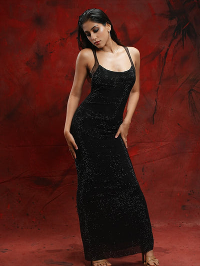 Scoop Neckline Backless Rhinestone Mesh Dress