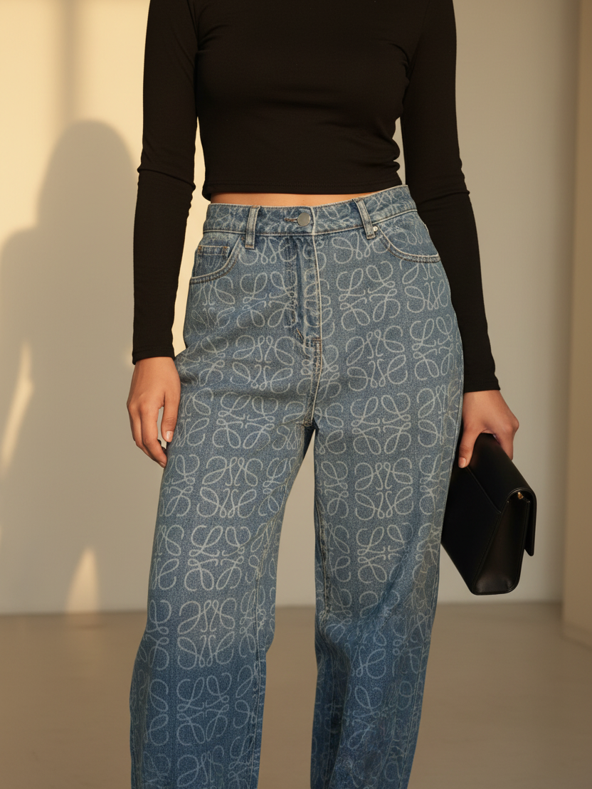 Scribble Print Denim Pants