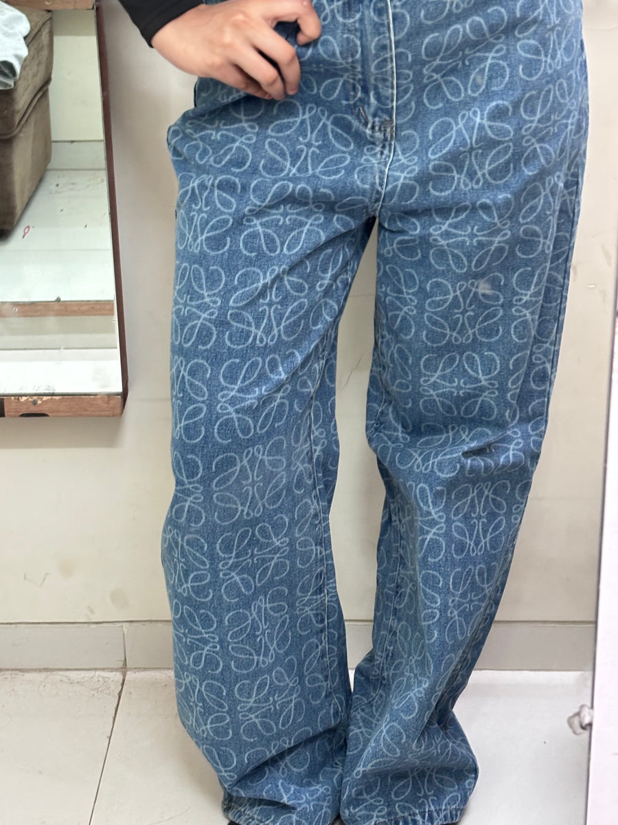 Scribble Print Denim Pants, blue denim with allover loop pattern, relaxed wide-leg fit