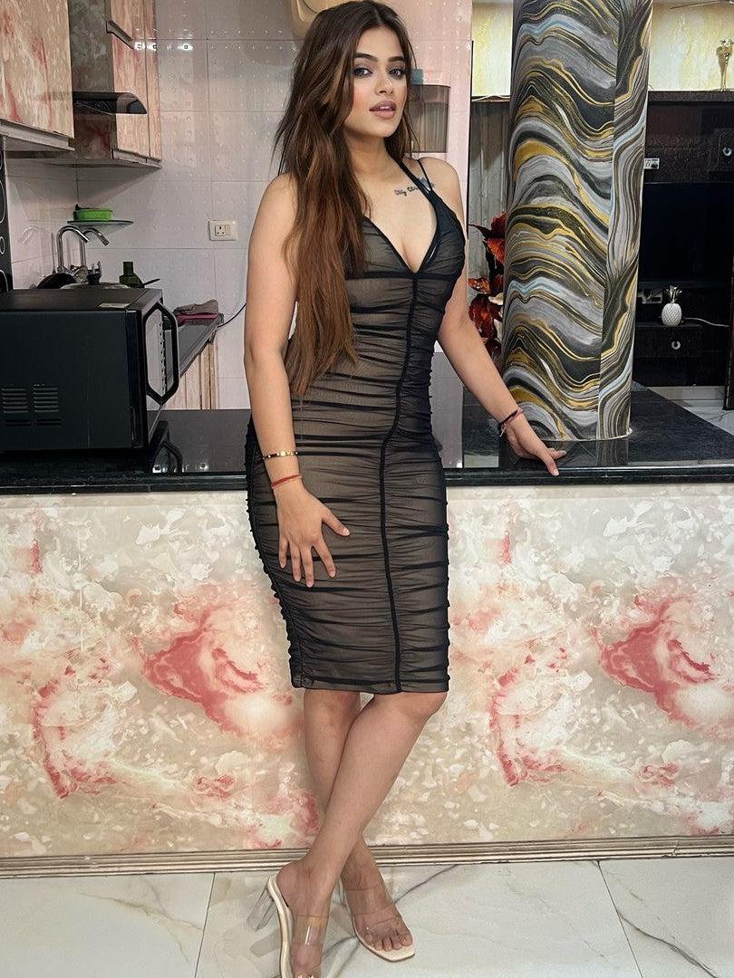 Deep Neck Mesh Backless Midi Dress