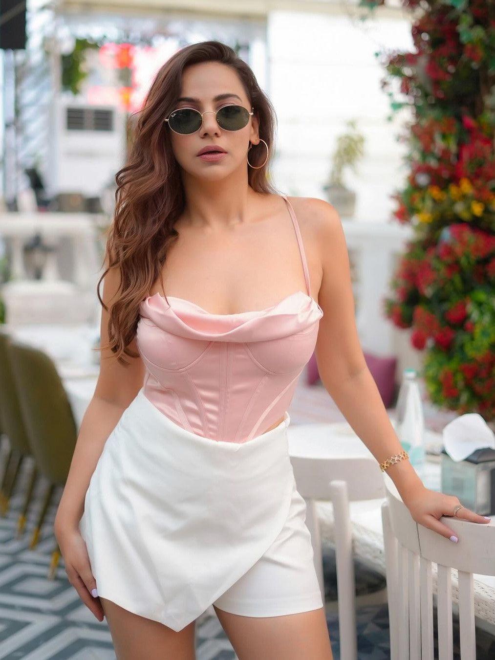 Pile Collar Satin Pleated Boning Corset Camisole Top