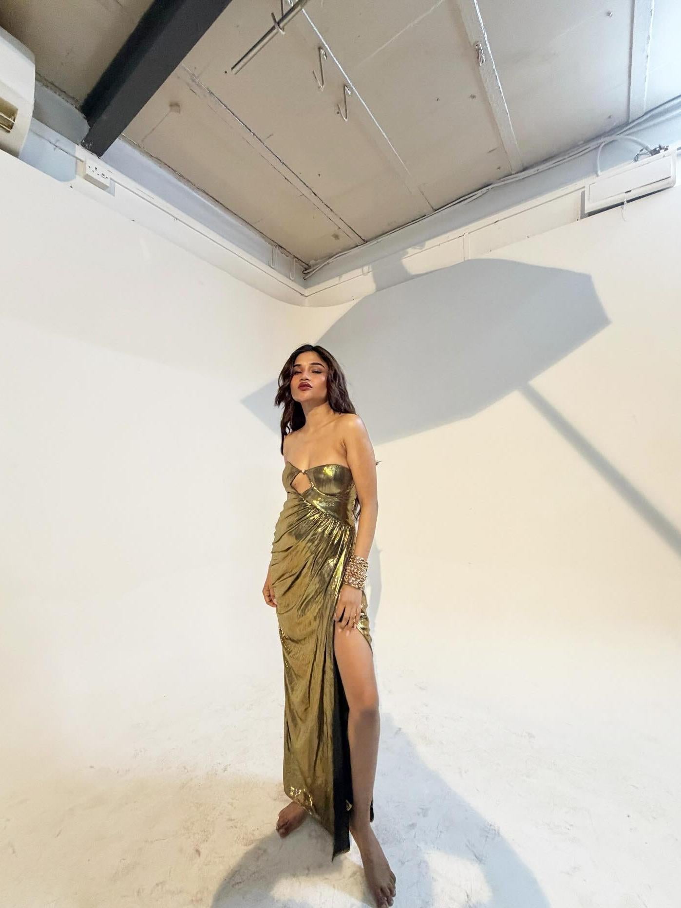 Gold metallic pleated strapless cut-out maxi dress by Exclusives