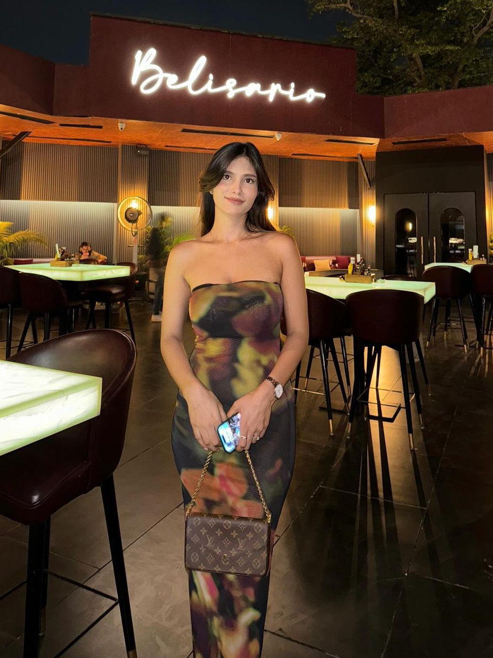 Brown Floral Print Mesh Tube Dress