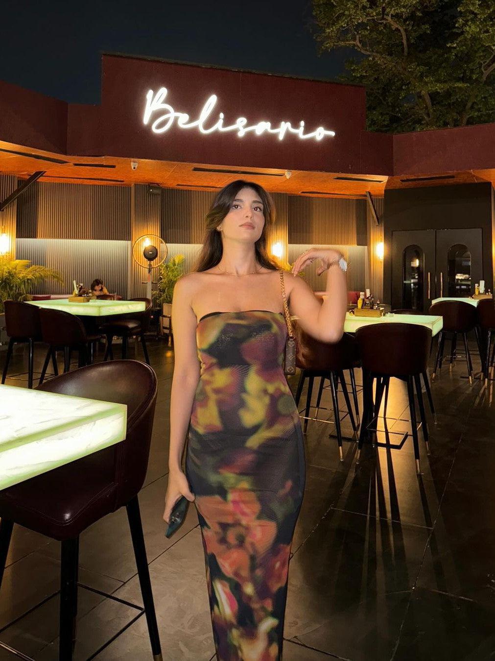 Brown Floral Print Mesh Tube Dress