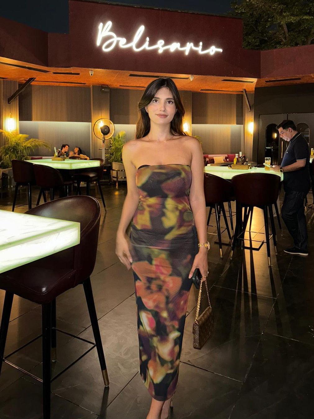 Brown Floral Print Mesh Tube Dress