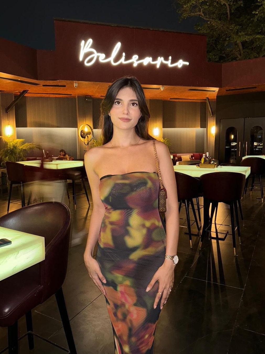 Brown Floral Print Mesh Tube Dress