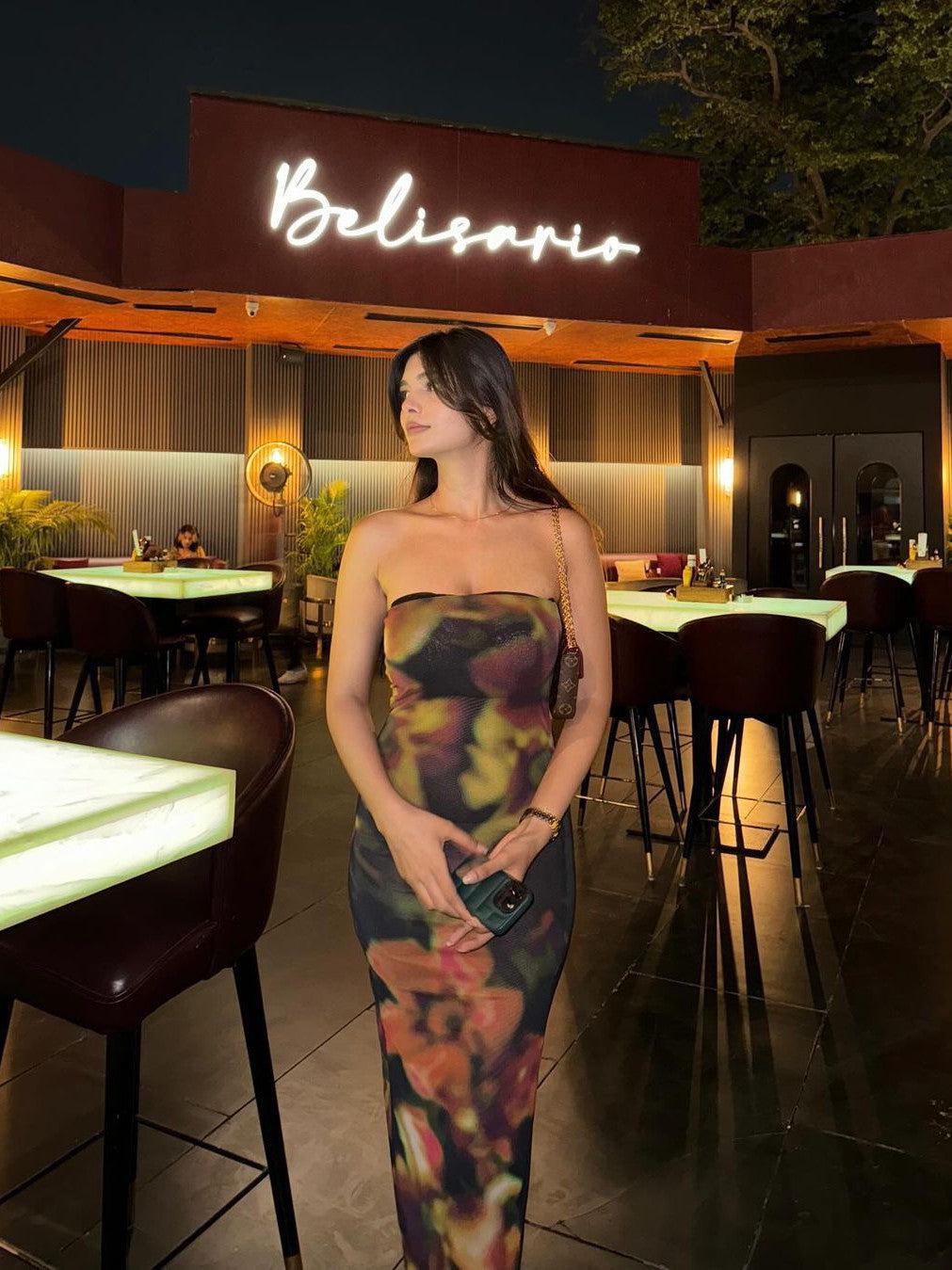 Brown Floral Print Mesh Tube Dress