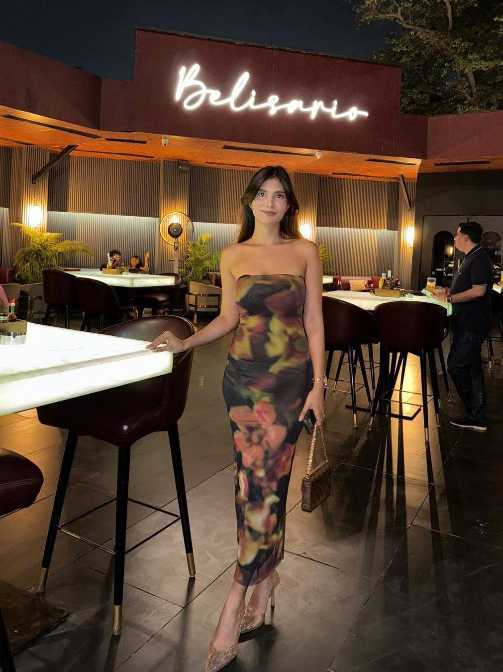 Brown Floral Print Mesh Tube Dress