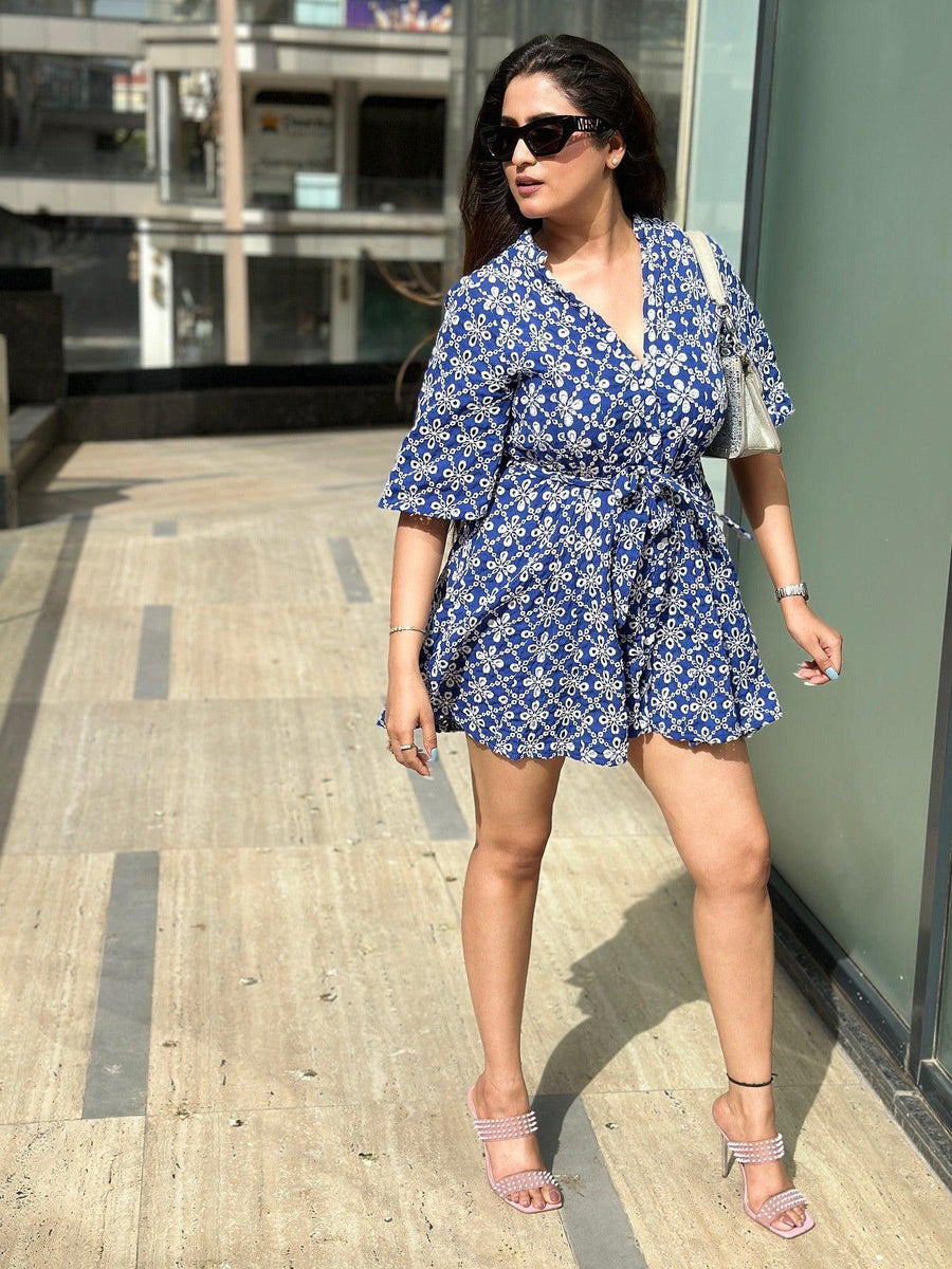 Blue Embroidered Short A Line Dress