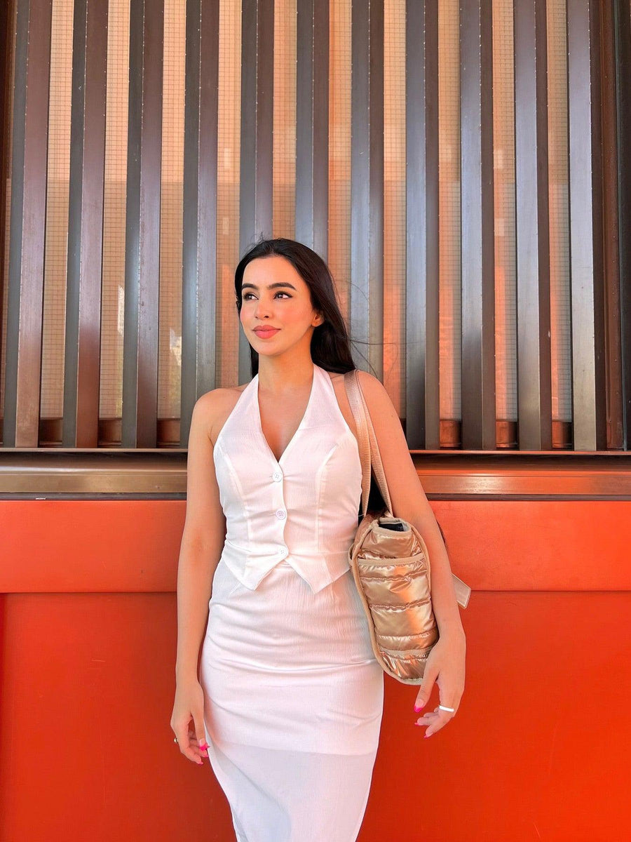 V Neck Halterneck Top & Low Waist Slit Skirt Coord Set