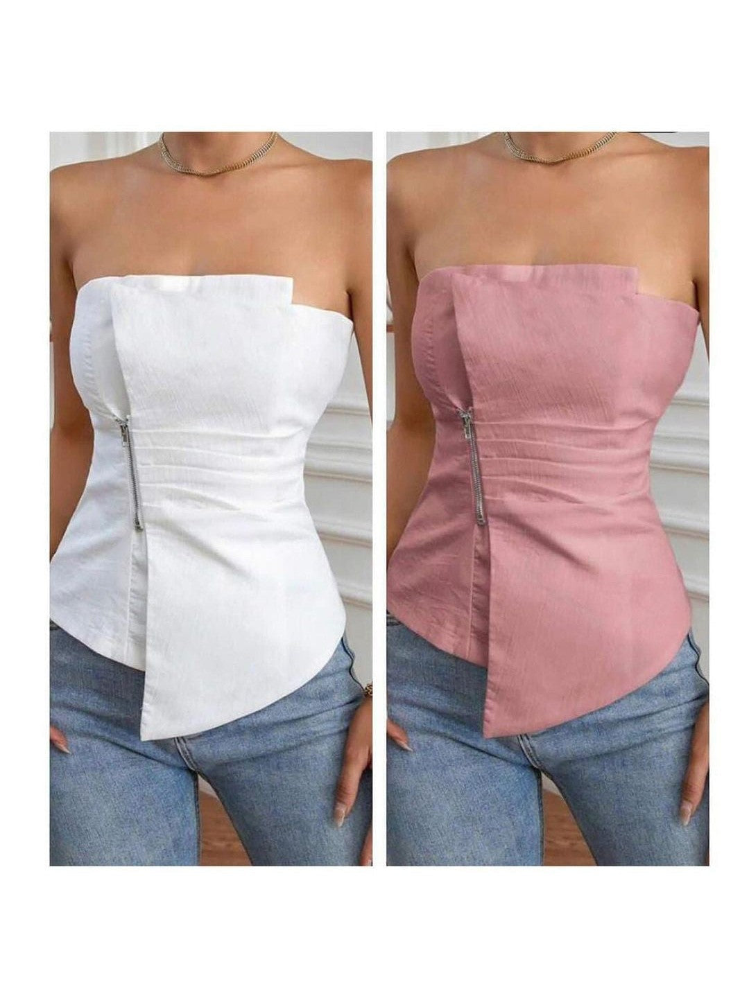 Two-tone bandeau stretchable asymmetric tube tops in white and pink, each with a side zipper, worn with jeans.