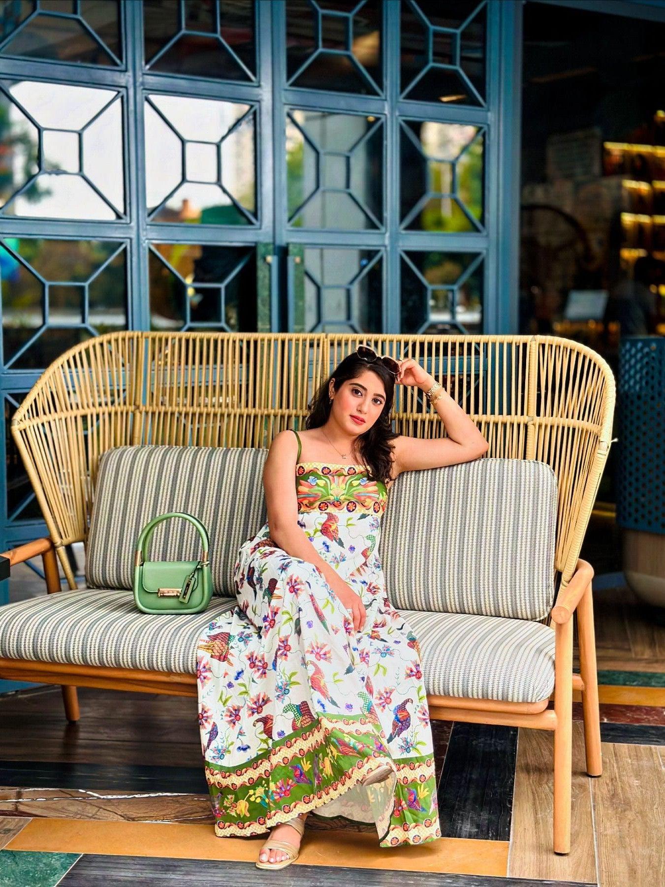 Floral Bird Graffiti Print Midi Sundress Beach Dress Ivory