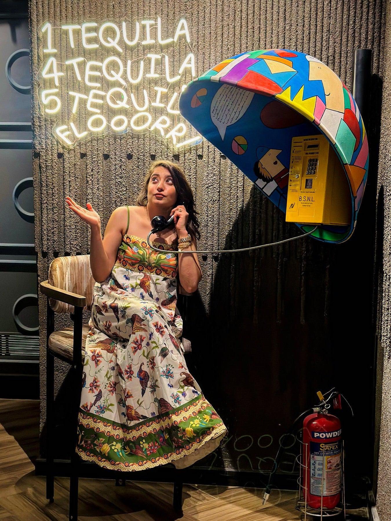 Floral Bird Graffiti Print Midi Sundress Beach Dress Ivory