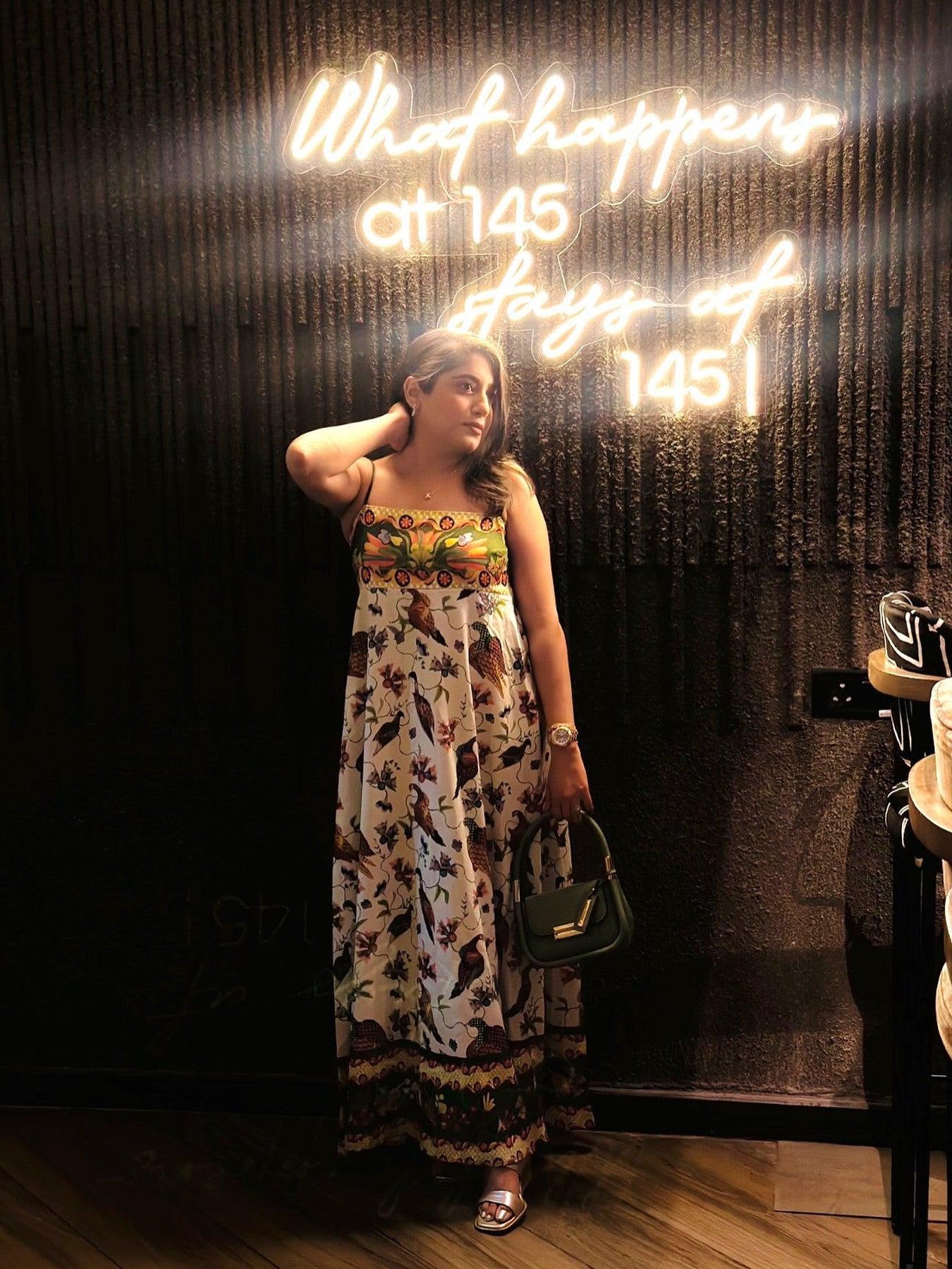 Floral Bird Graffiti Print Midi Sundress Beach Dress Ivory