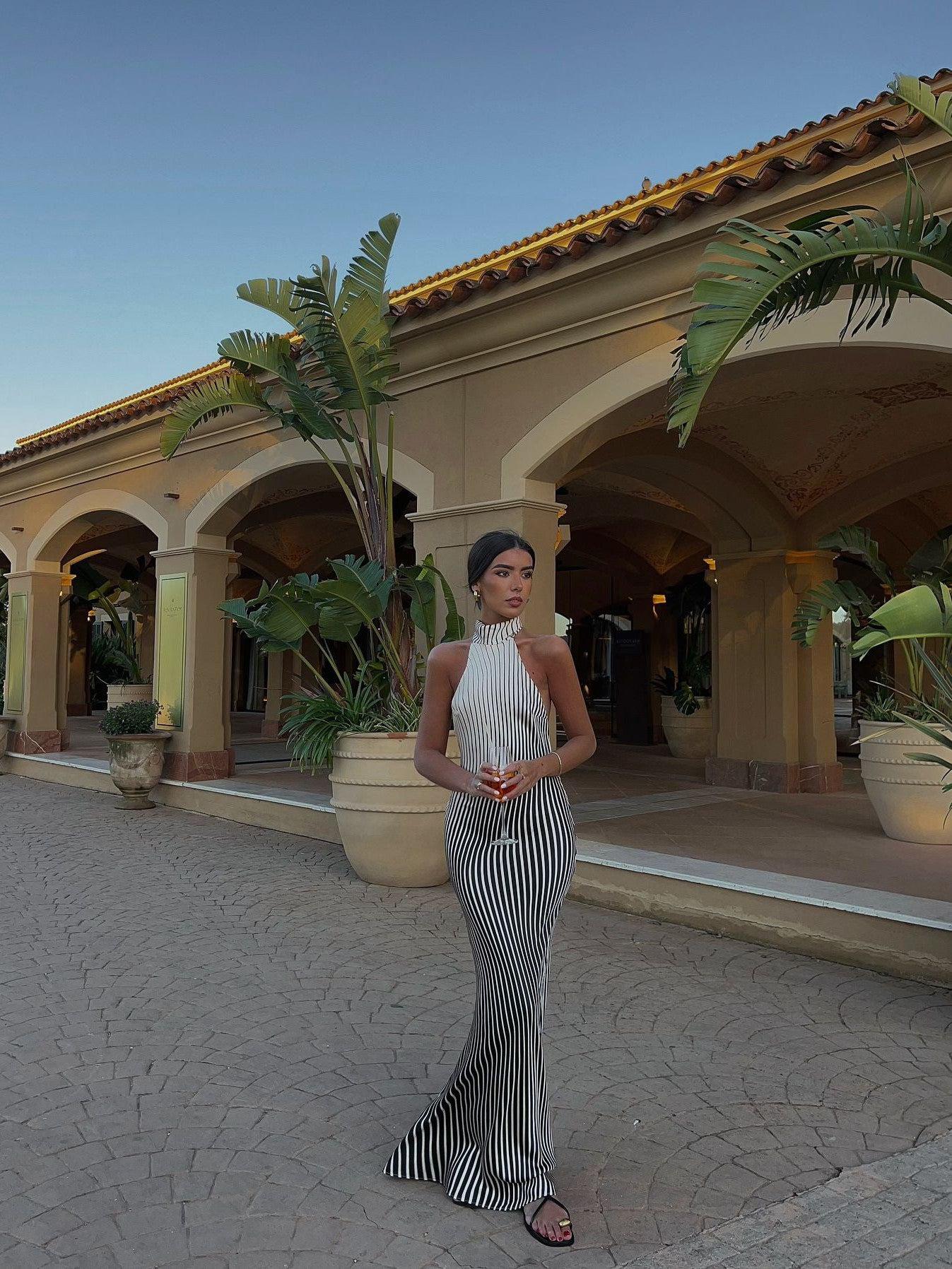 Halterneck Stripe Maxi Knotted Dress