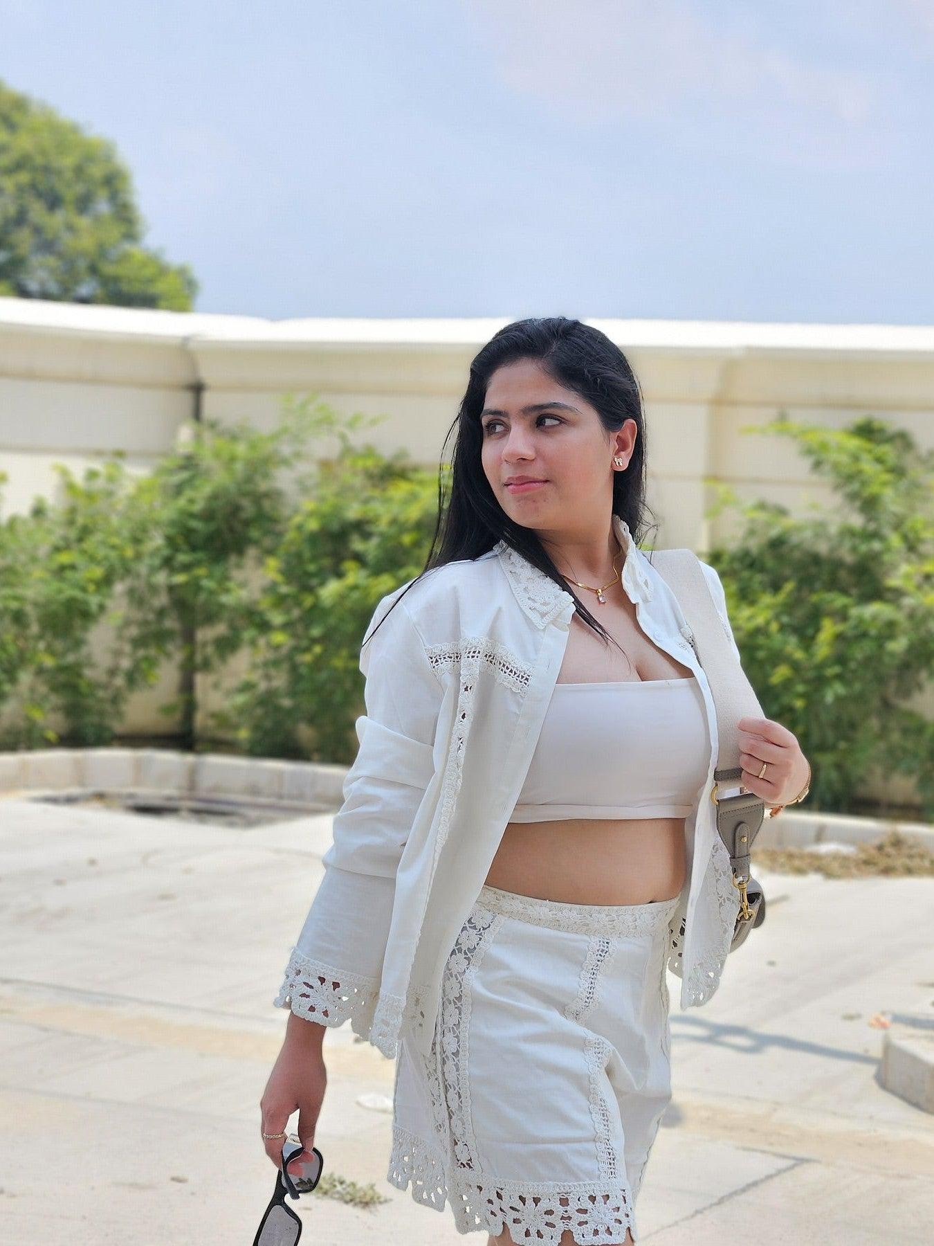 White Crochet Shirt and Shorts Coord Set