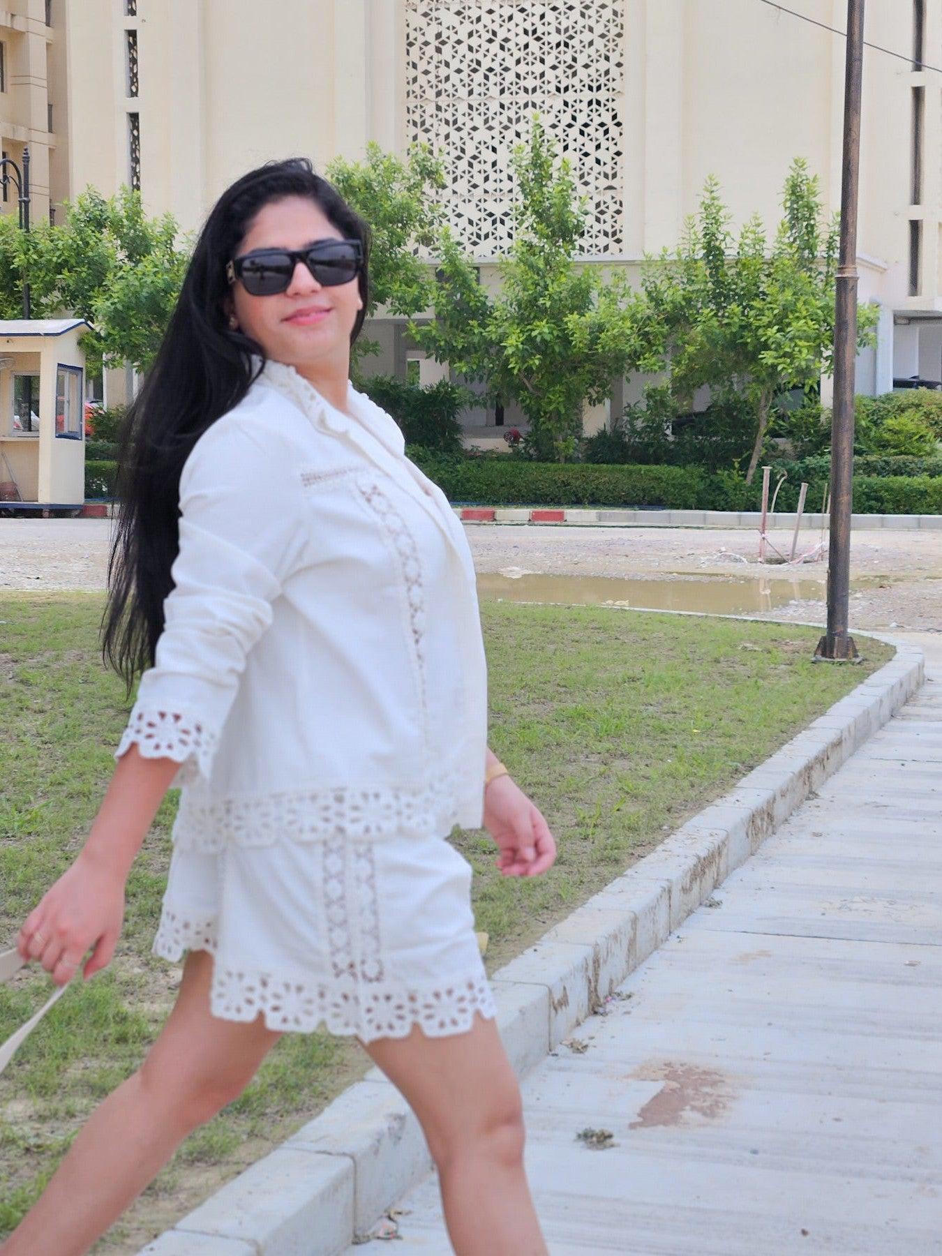 White Crochet Shirt and Shorts Coord Set