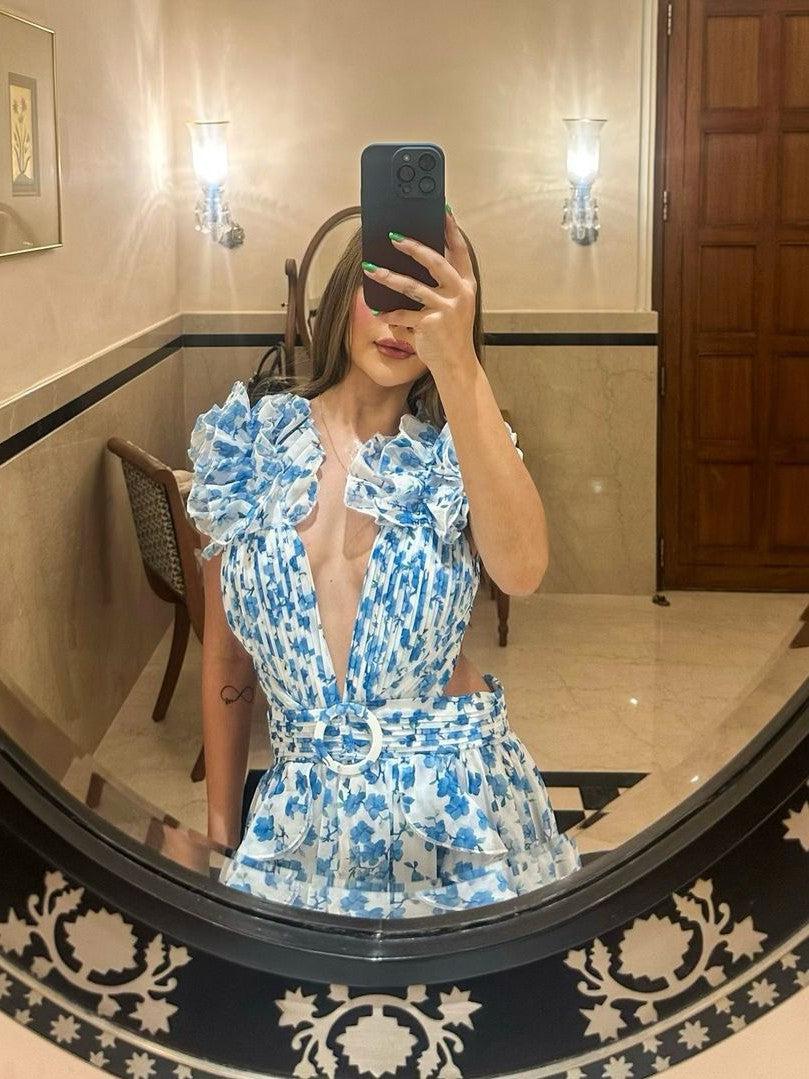Floral Print Hollow Out Cutout Deep V Plunge Ruffled Backless Dress