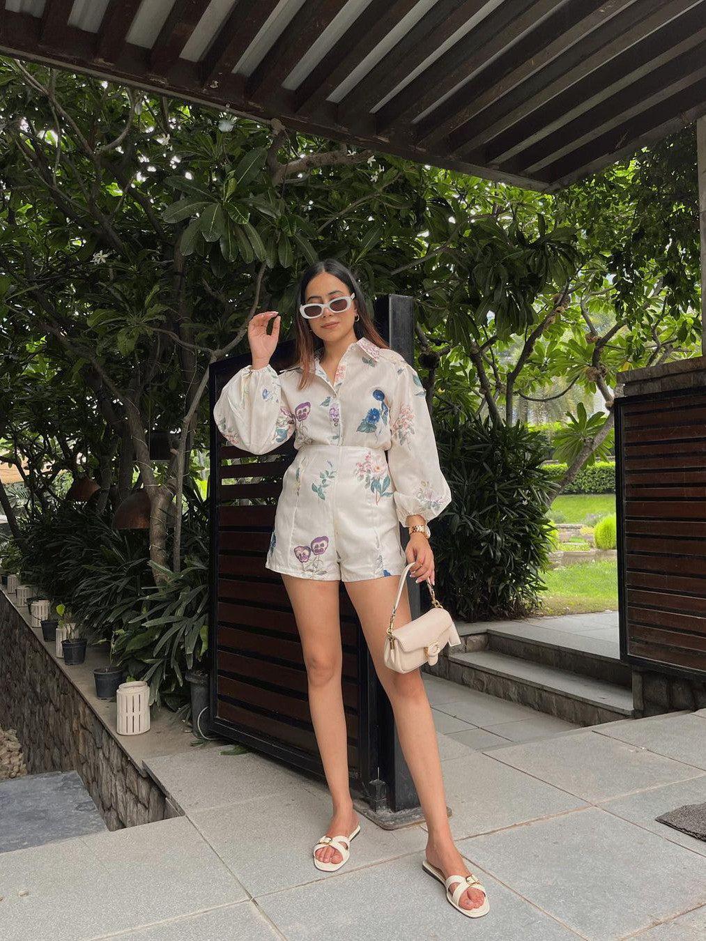 Floral Print Linen Shirt & Shorts Coord Set