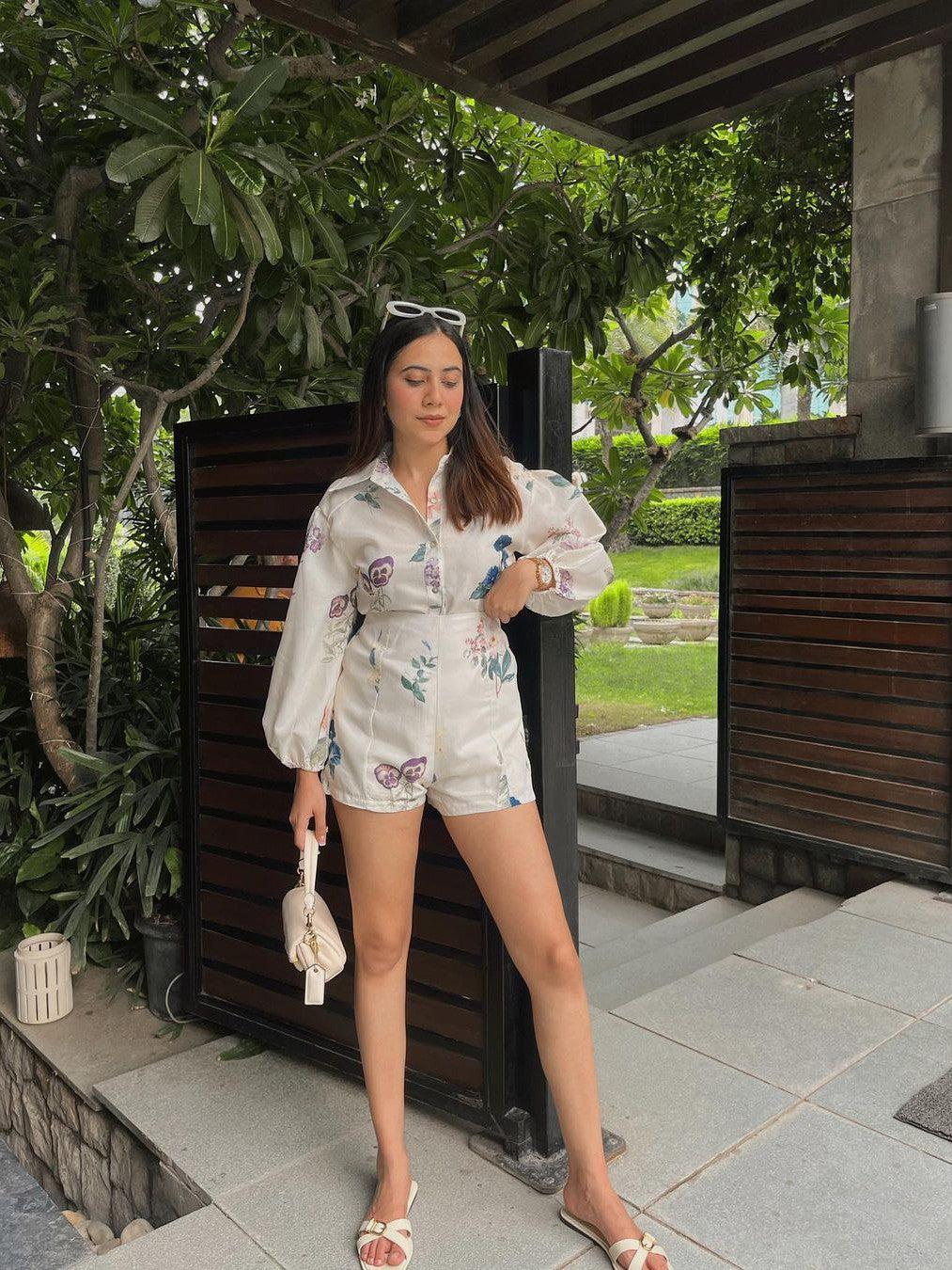 Floral Print Linen Shirt & Shorts Coord Set