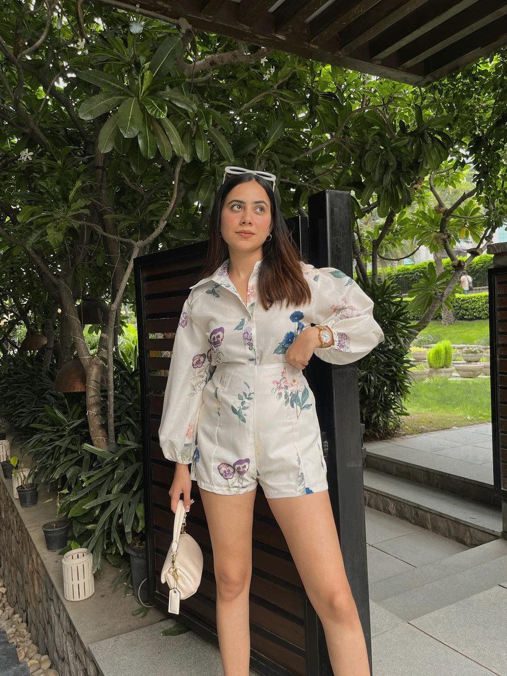 Floral Print Linen Shirt & Shorts Coord Set