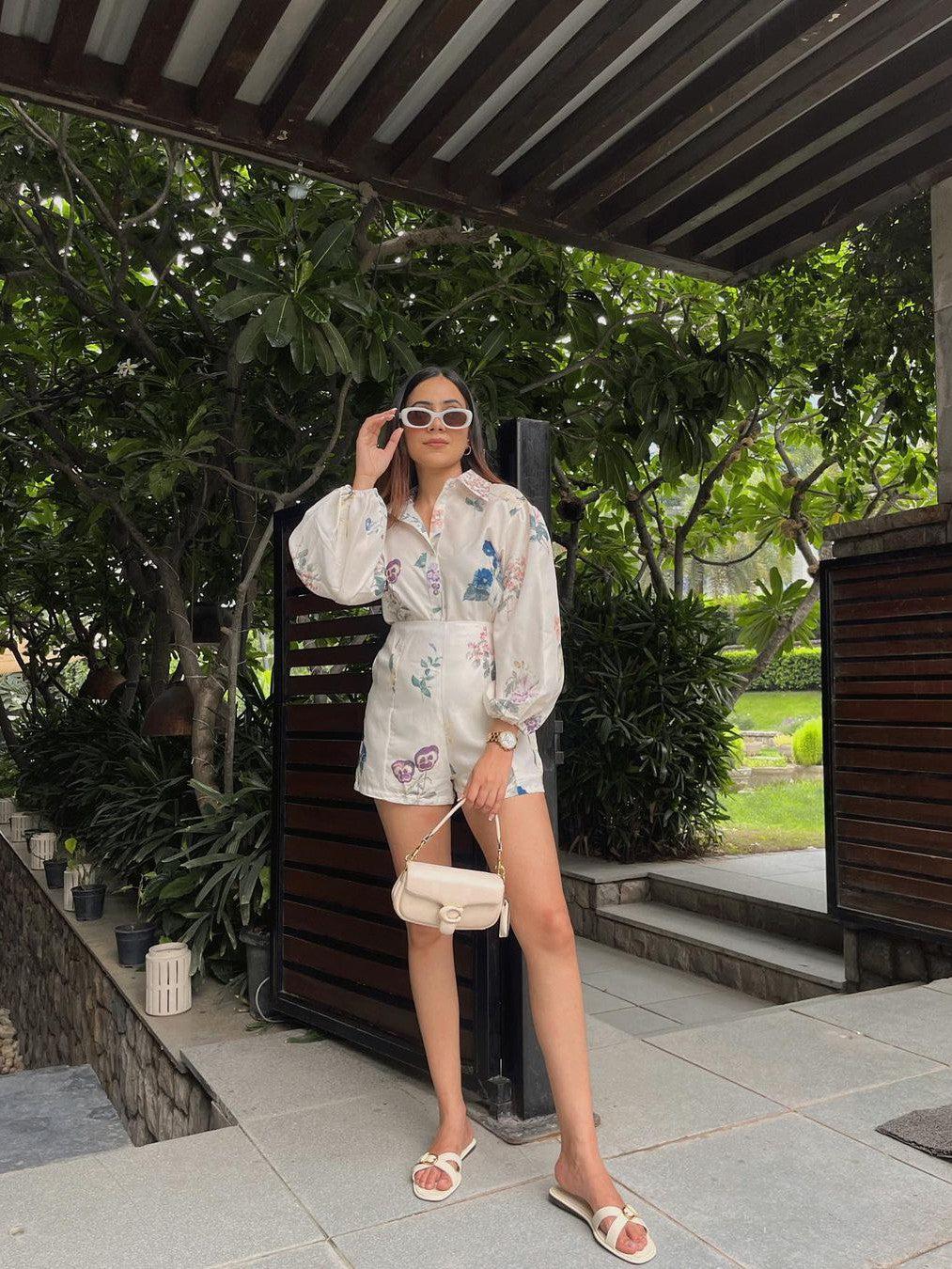 Floral Print Linen Shirt & Shorts Coord Set