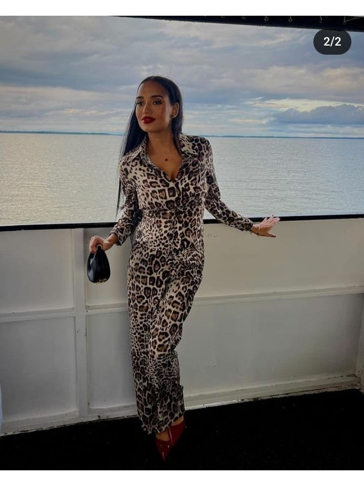 Animal Print Collar Shirt & Pants Coord Set