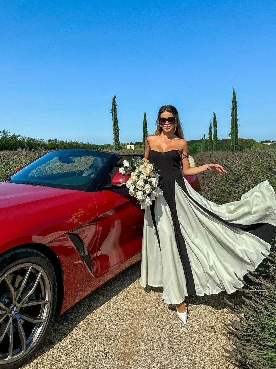 Monochrome Spagetti Strap Evening Maxi Dress