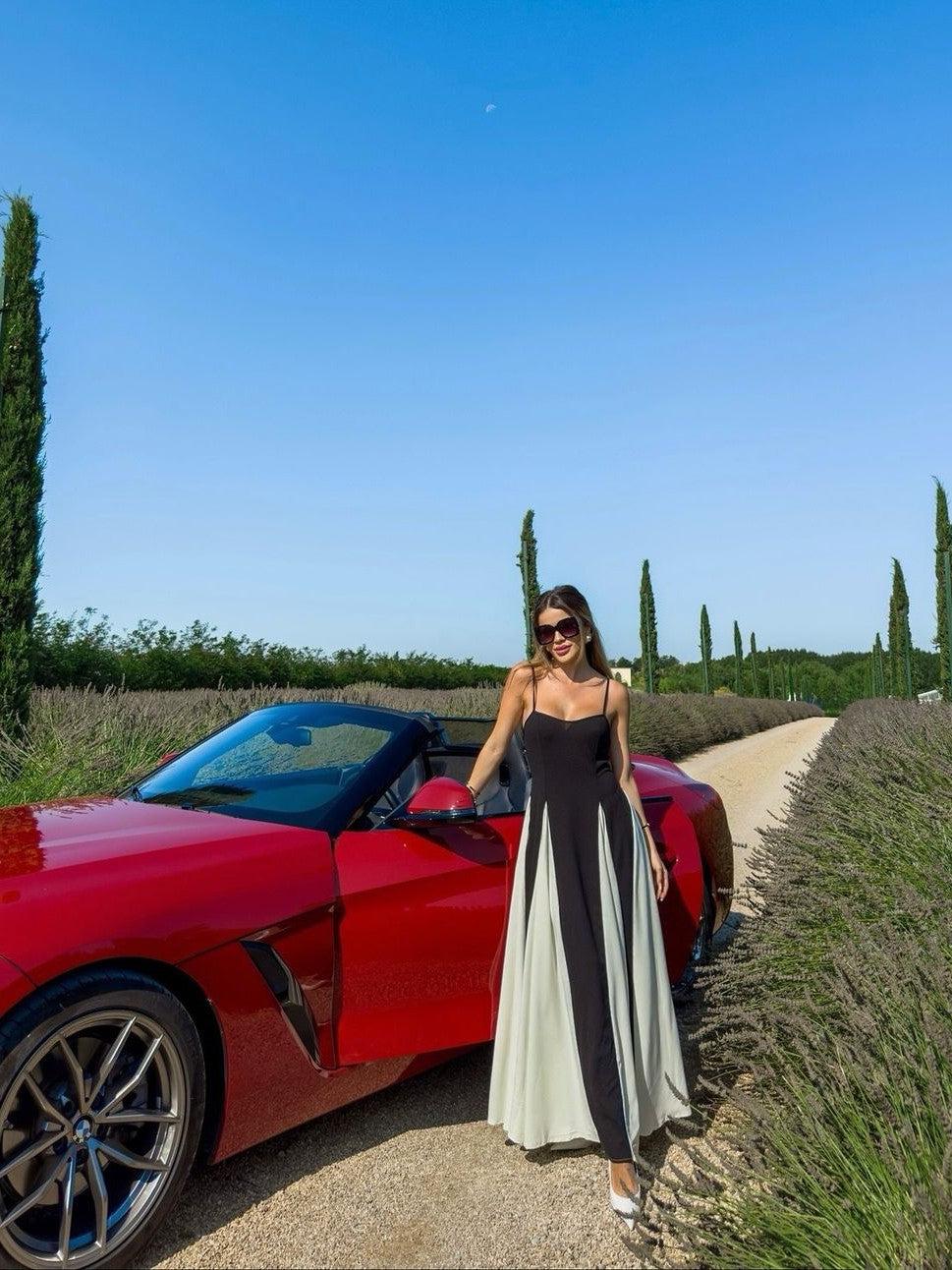 Monochrome Spagetti Strap Evening Maxi Dress