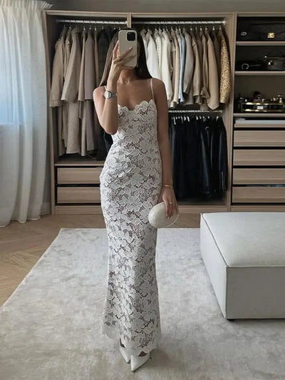 Spaghetti Strap Floral Crochet Slit Maxi Dress