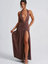 Lamer Halterneck Ruched Slit Maxi Dress