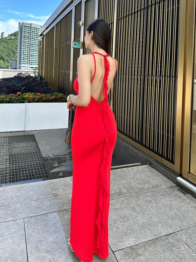 V Neck Backless Slim Fit Shoulder Strap Evening Dress