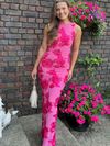 Pink Mesh 3D Applique Plate Floral Sheath Dress