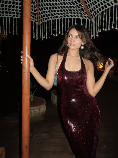 Burgundy Halterneck Sequins Slit Dress