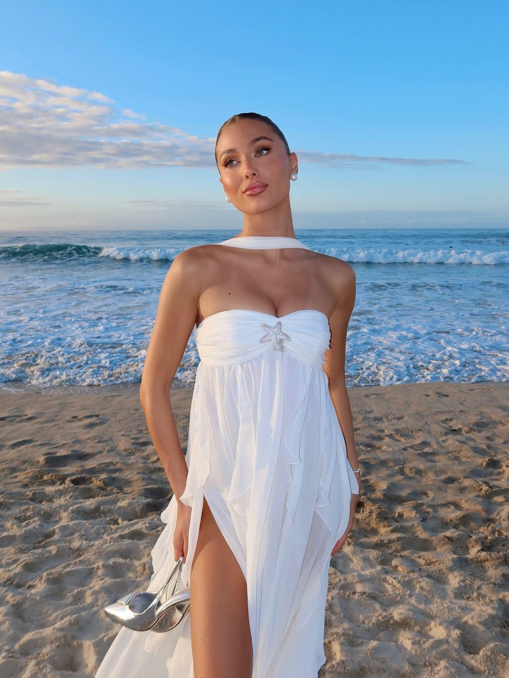 Star Applique Halter Tube Ruffle Slit Maxi Dress