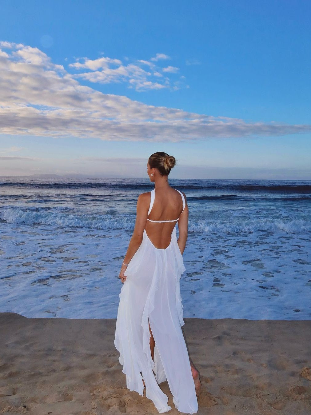 Star Applique Halter Tube Ruffle Slit Maxi Dress