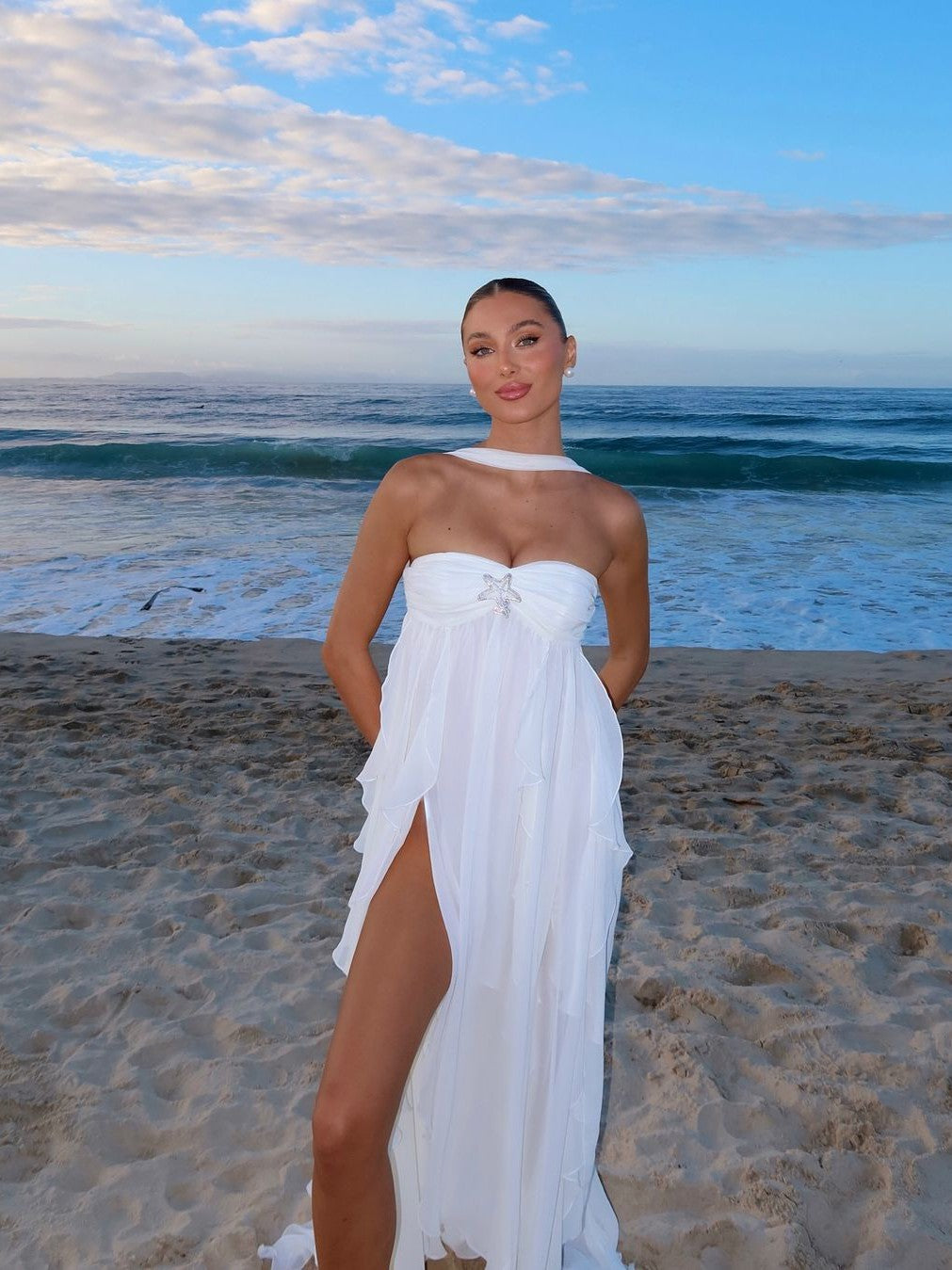 Star Applique Halter Tube Ruffle Slit Maxi Dress