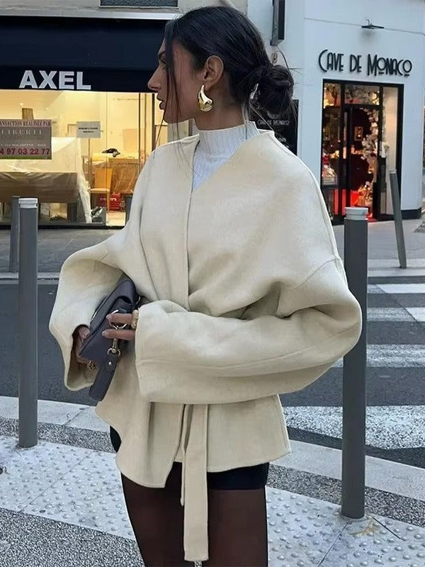 Fleece Lace-up Jacket With Tie Belt