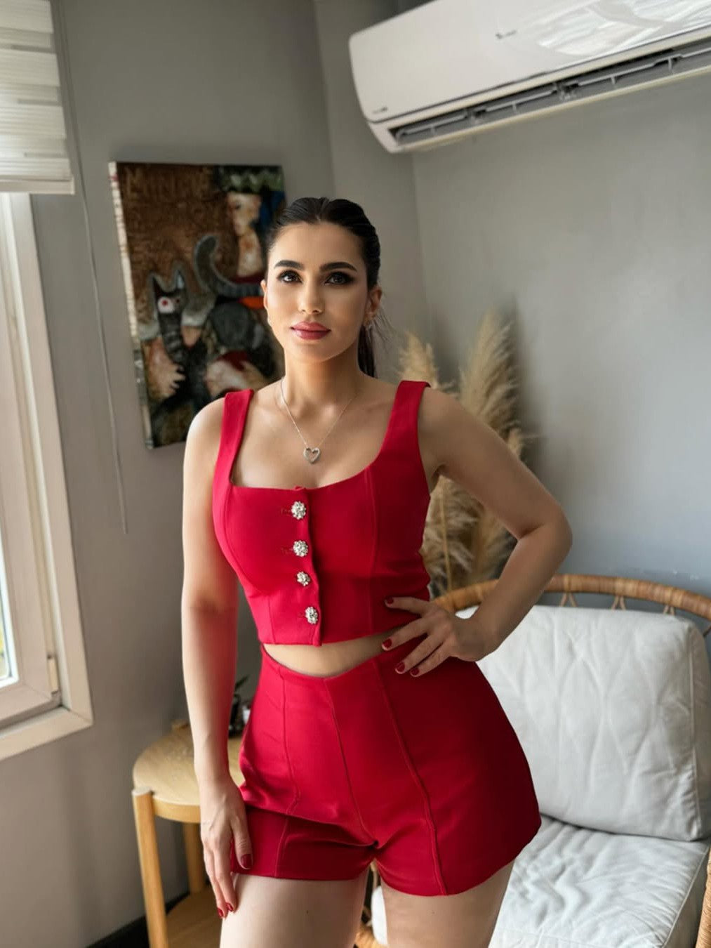 Rhinestone Button Crop Top & High Waist Skorts Coord Set