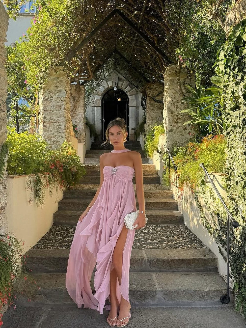 Star Applique Halter Tube Ruffle Slit Maxi Dress