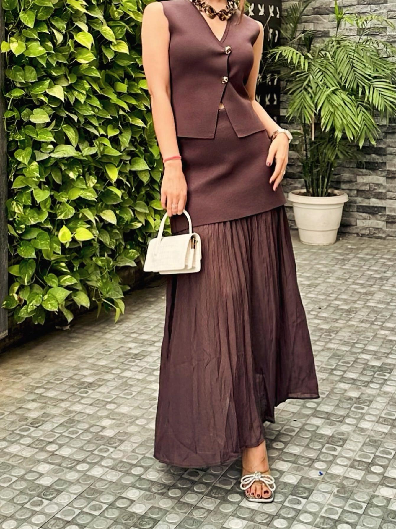 Knitted Vest Coat & Pleated High Waist Skirt Coord Set