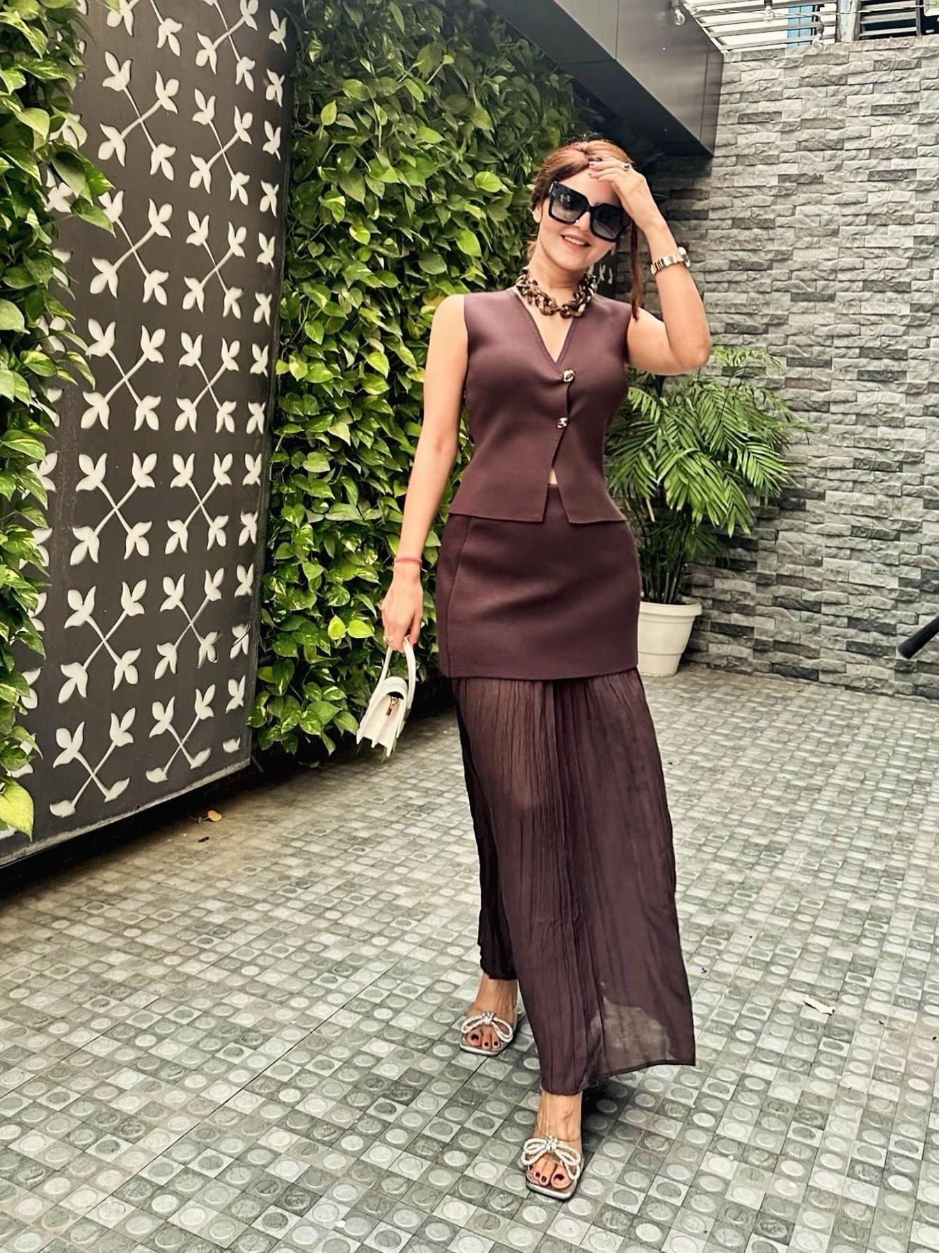 Knitted Vest Coat & Pleated High Waist Skirt Coord Set