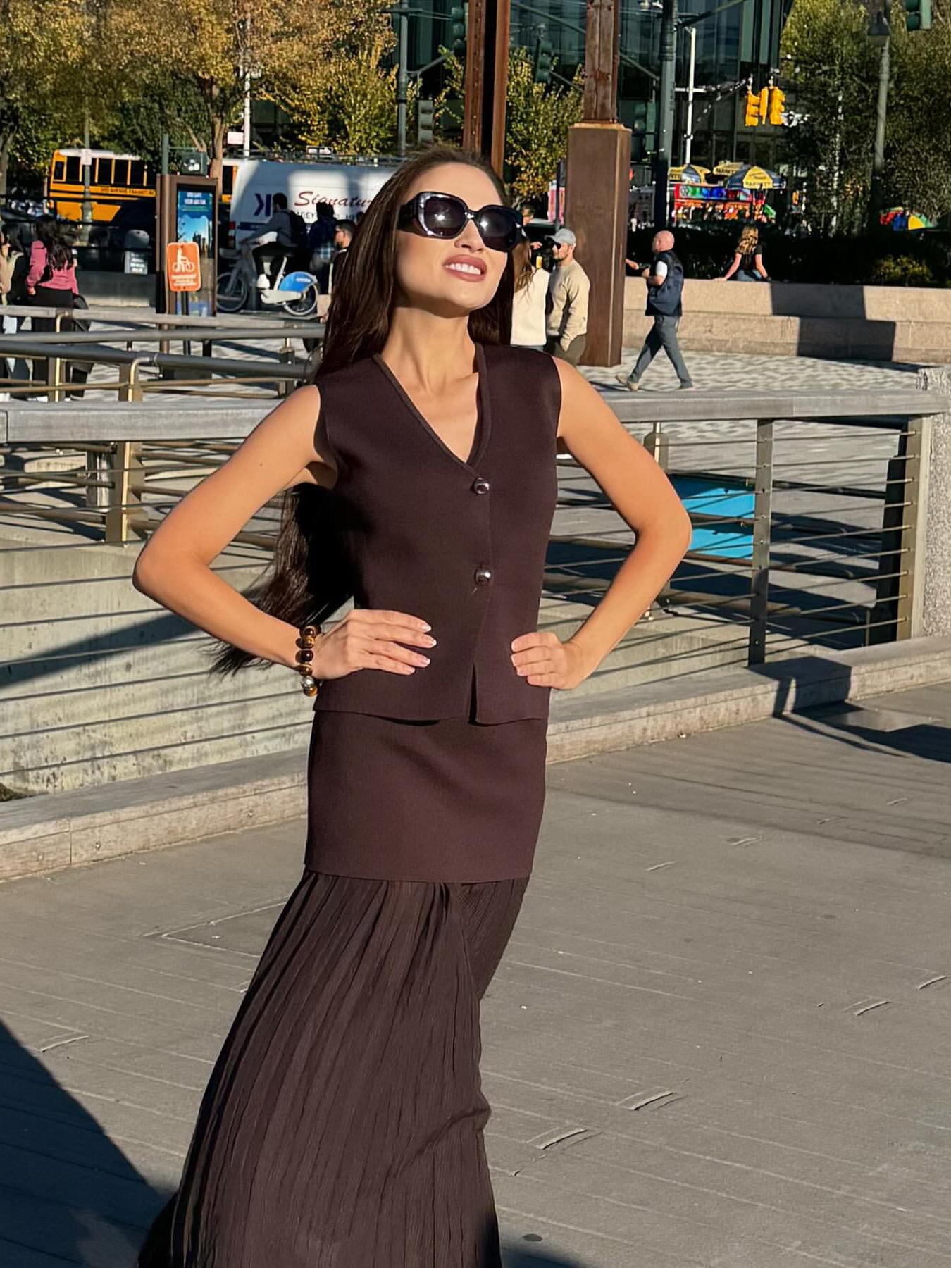 Knitted Vest Coat & Pleated High Waist Skirt Coord Set