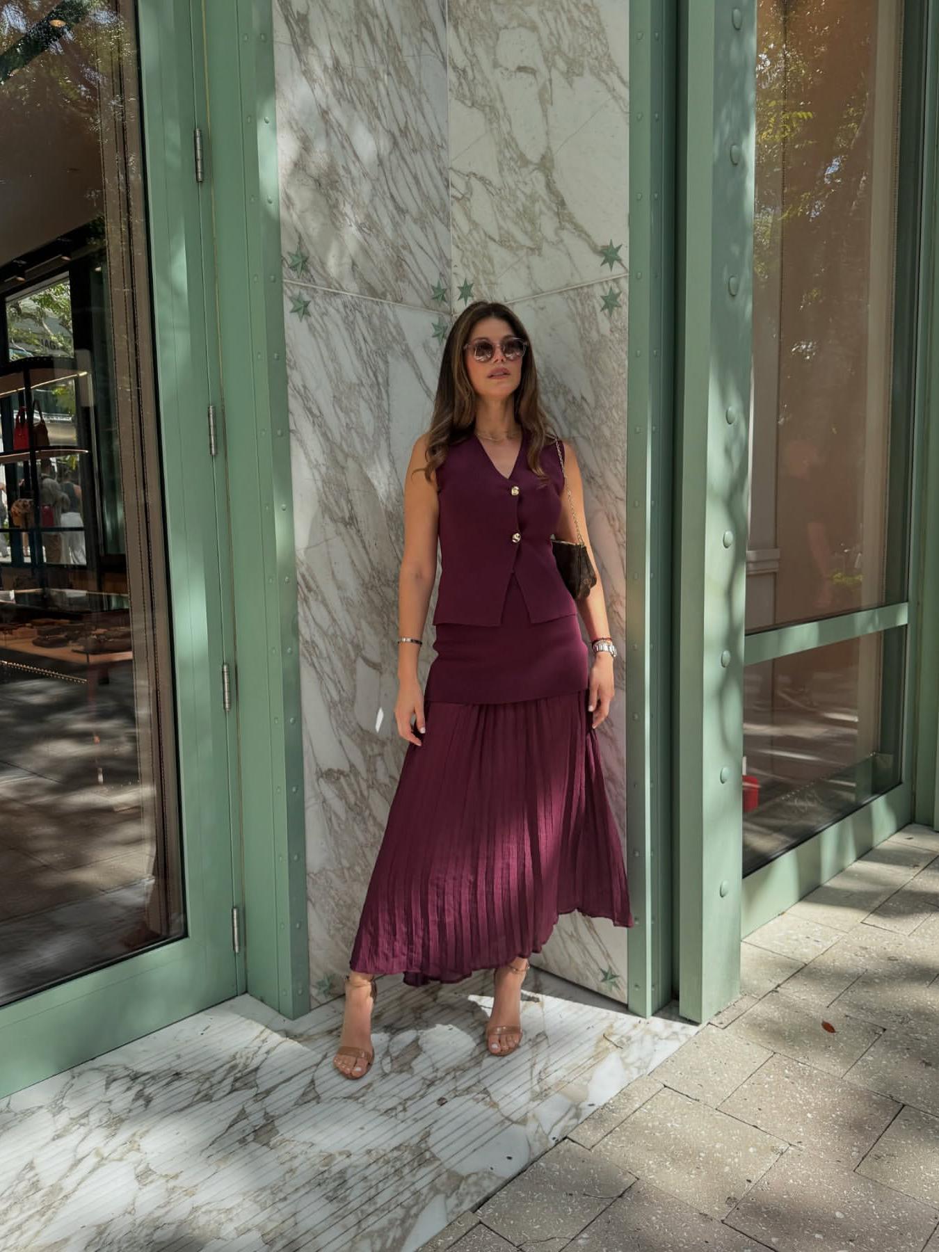 Knitted Vest Coat & Pleated High Waist Skirt Coord Set