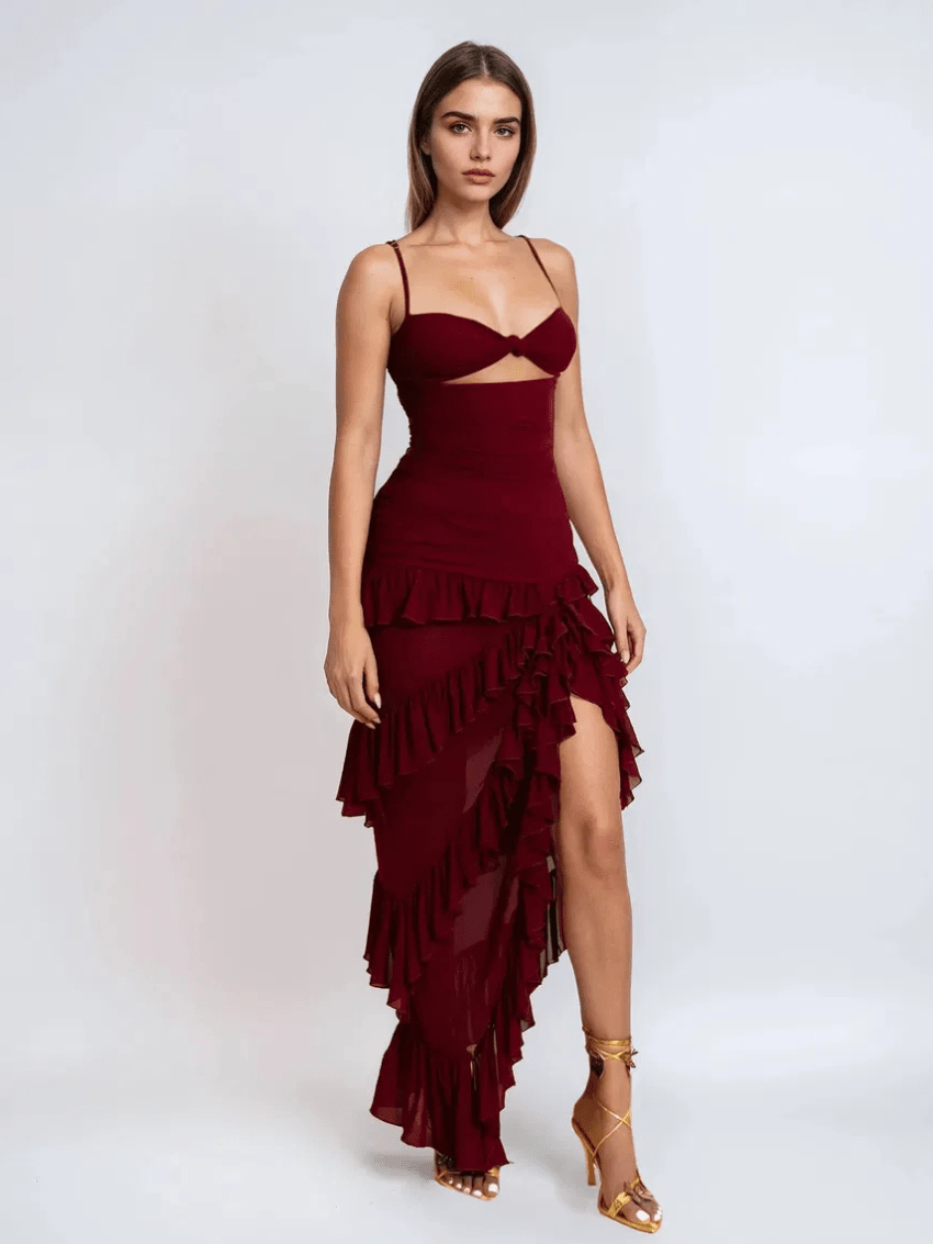 Simmy Spaghetti Strap Cutout Ruffle Slit Maxi Dress