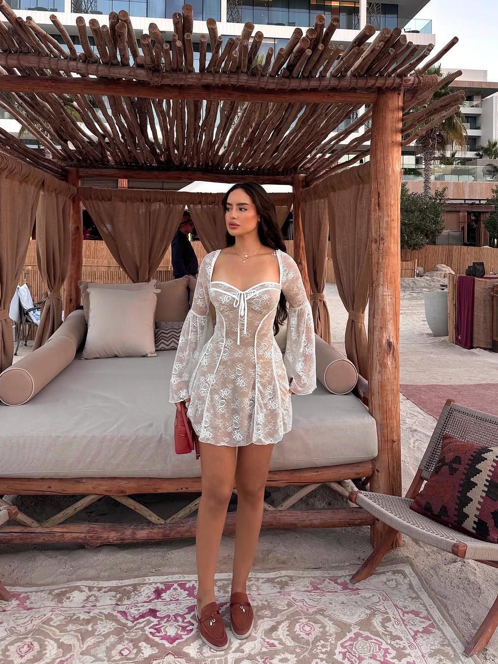 Nesa Lace Boning Corset Bell Sleevees Short Dress