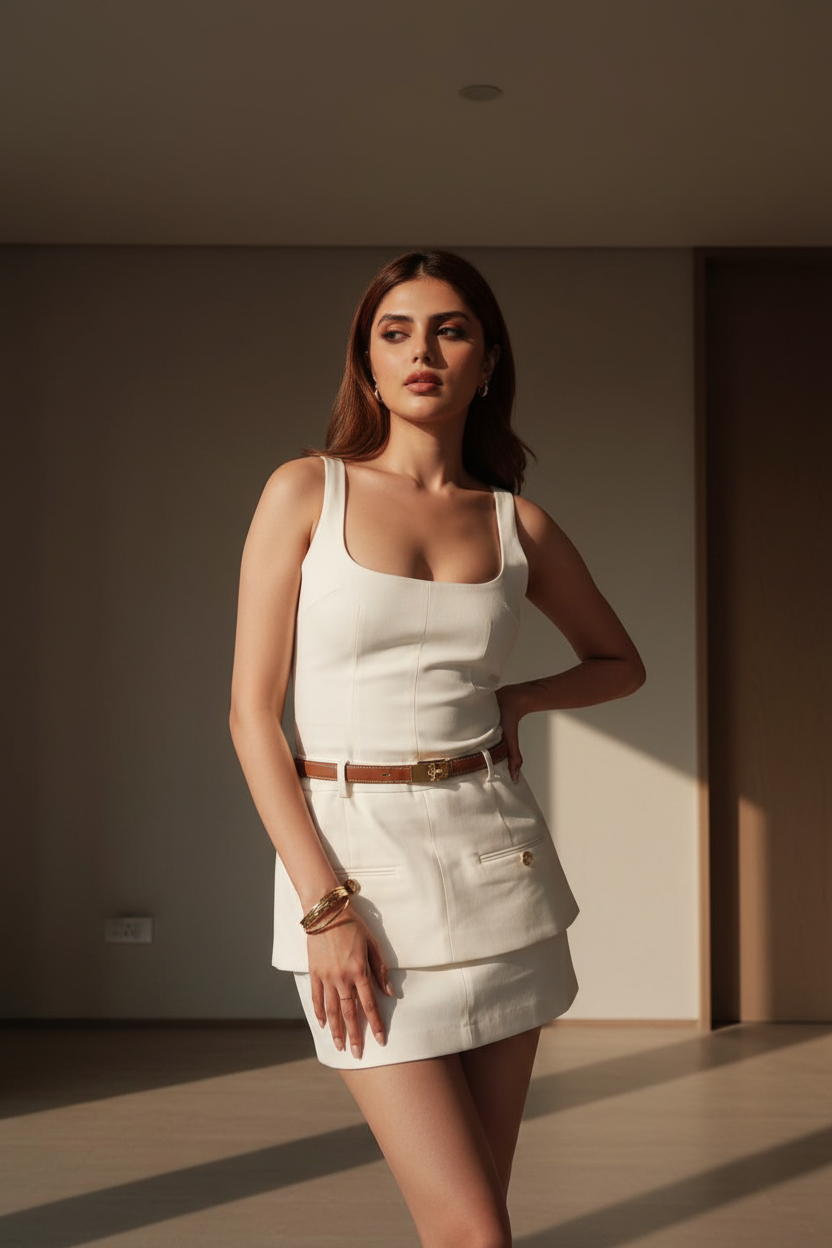 Sleeveless Short Dress With Belt in white, EXCLUSIVES dress from the Dresses category.