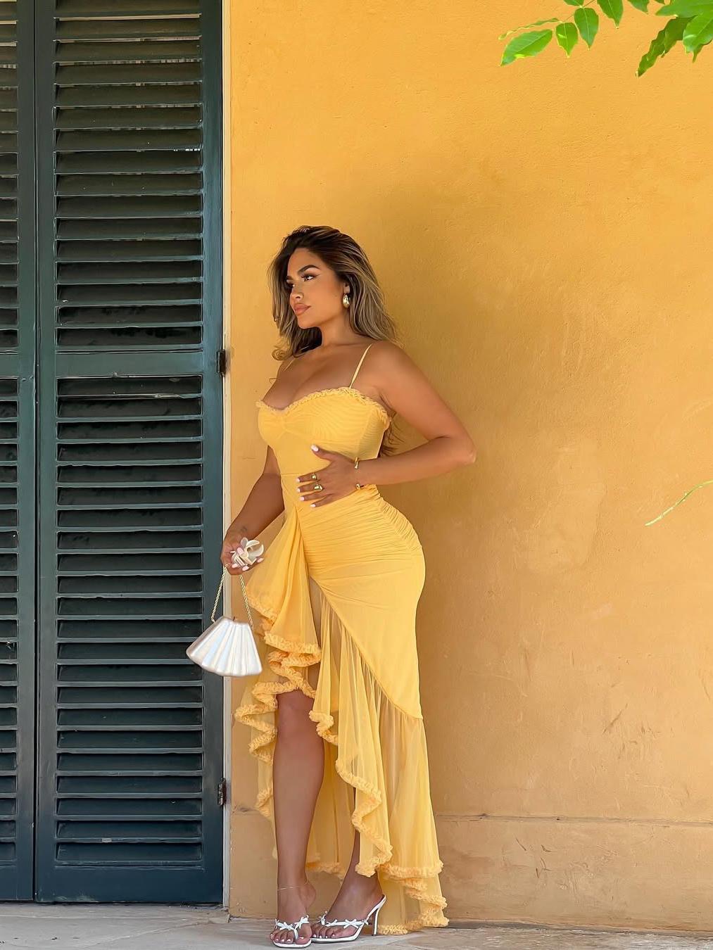 Asmi Spaghetti Strap Ruched Ruffle Dress