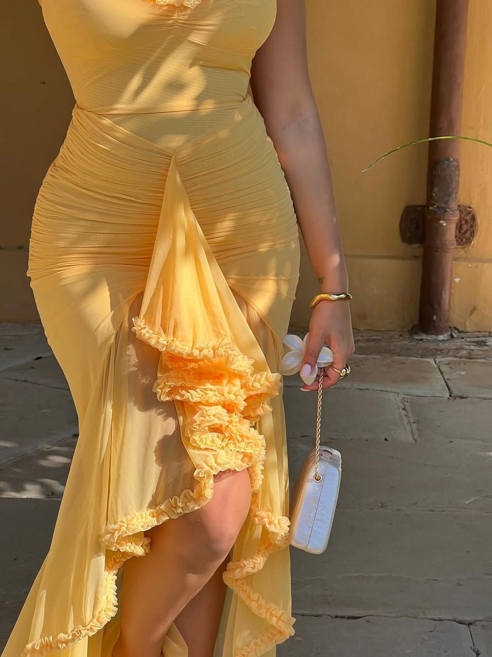 Asmi Spaghetti Strap Ruched Ruffle Dress